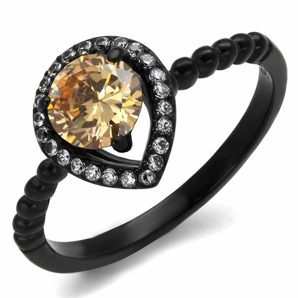 Stainless Steel Black IP Champagne CZ Pear Halo Bead Shank Ring view 5