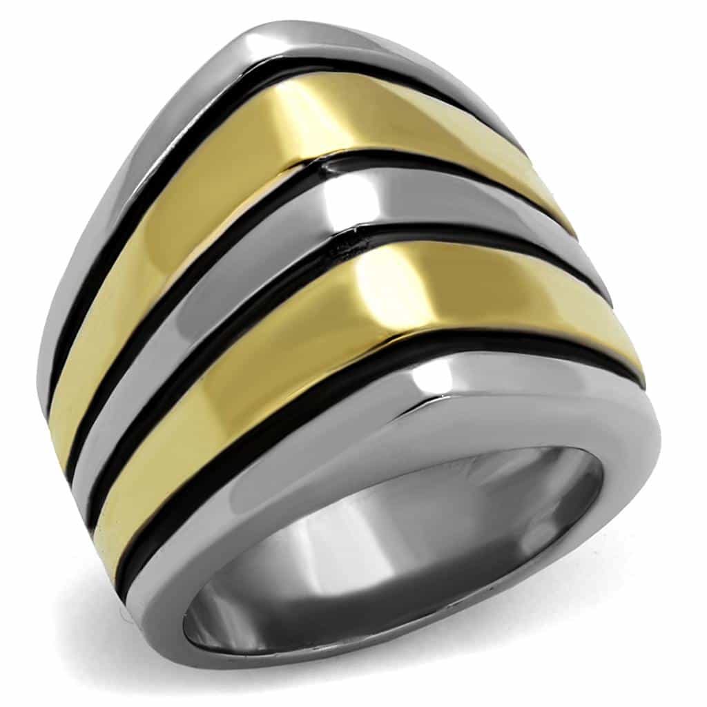 Stainless Steel Two Tone Gold Silver Diagonal Stripe Wide Ring view 1