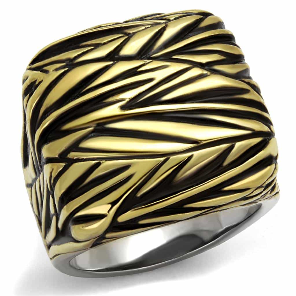 Stainless Steel Gold IP Leaf Palm Carved Wide Cuff Ring view 1