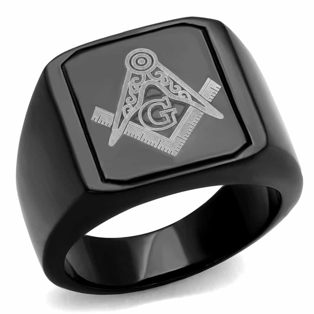 Stainless Steel Black IP Masonic Square Compass Enamel Ring view 1