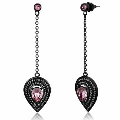 Stainless Steel Black IP Pink Pear CZ Halo Chain Drop Earrings view 1