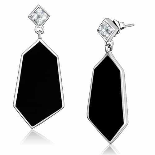 Stainless Steel Black Onyx Geometric Kite CZ Drop Earrings view 1