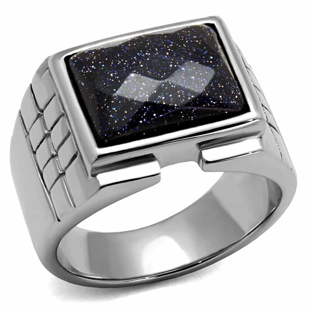 Stainless Steel Blue Goldstone Sparkle Square Mens Signet Ring view 1