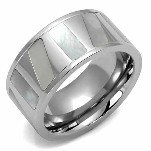 Stainless Steel Polished Mother Of Pearl Inlay Wide Ring view 1