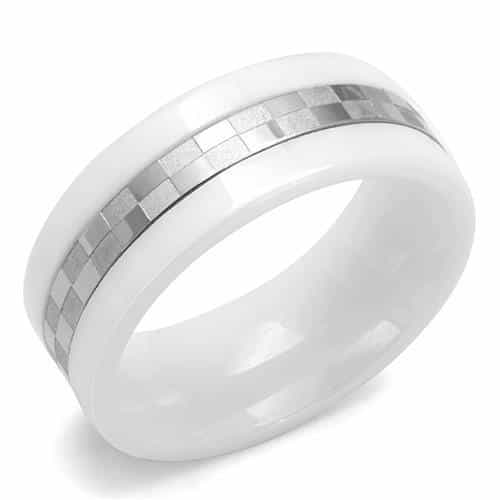 Stainless Steel White Ceramic Faceted Checker Ring view 1