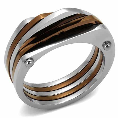 Stainless Steel Two Tone Coffee Brown Silver Wave Stack Ring view 1