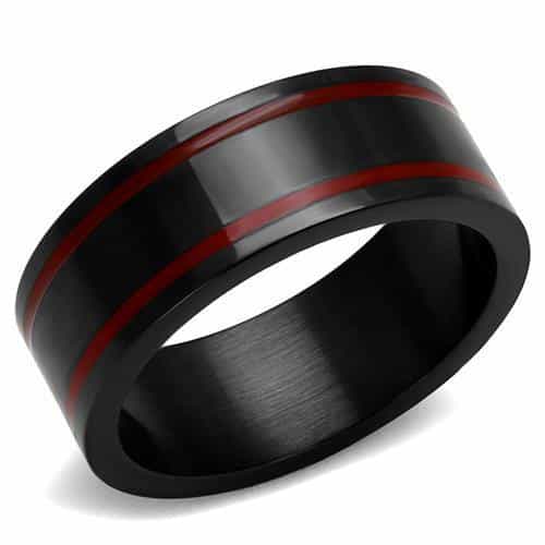 Stainless Steel Black IP Red Stripe Accent Brushed Ring view 5