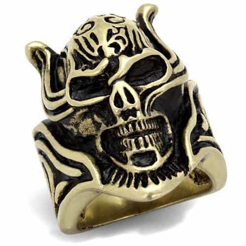 Stainless Steel Antiqued Brass Skull Devil Horns Ring view 1