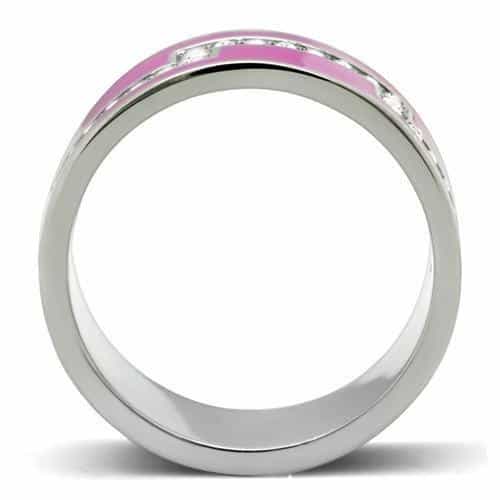 Stainless Steel Fuchsia Pink Enamel CZ Pave Wide Ring view 3
