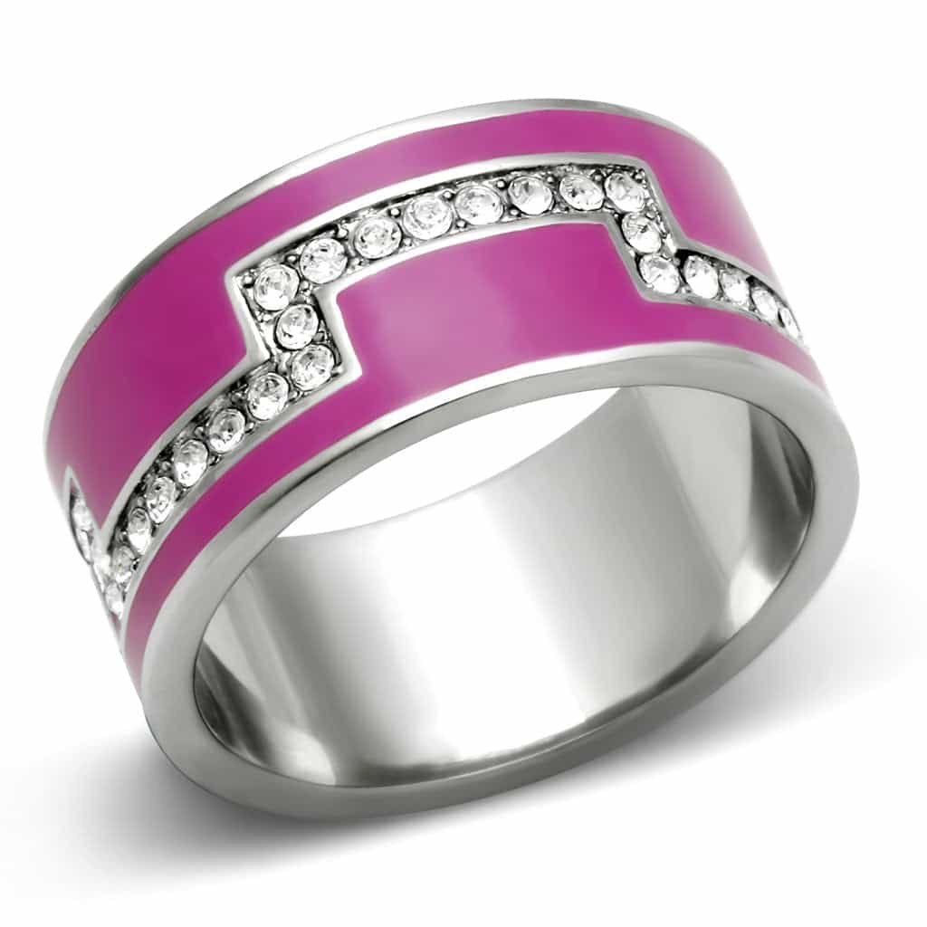 Stainless Steel Fuchsia Pink Enamel CZ Pave Wide Ring view 1