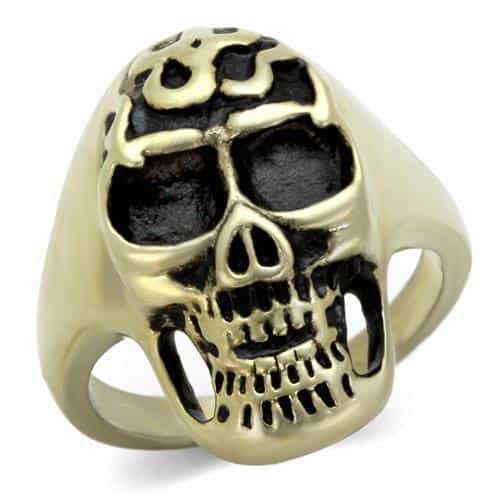 Stainless Steel Antiqued Brass Skull Flame Crown Ring view 1