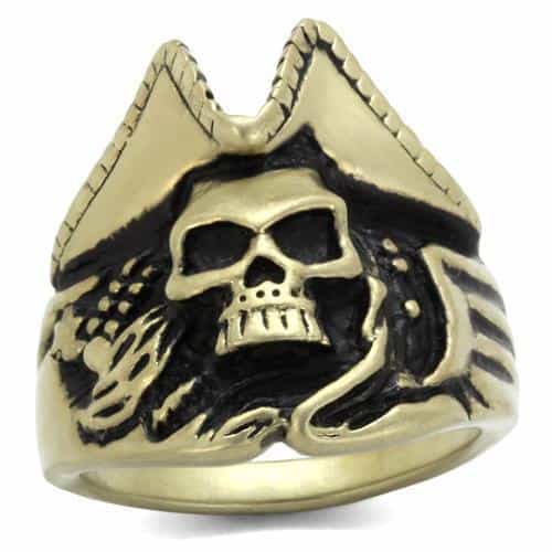 Stainless Steel Antiqued Brass Skull Pirate Hat Ring view 1
