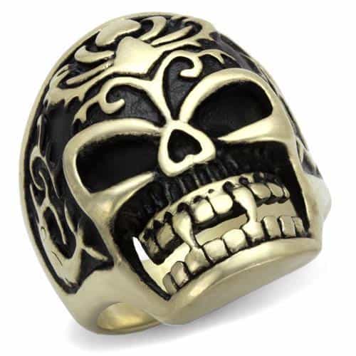 Stainless Steel Antiqued Brass Skull Flame Eyes Tattoo Ring view 1