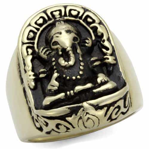 Stainless Steel Antiqued Brass Ganesh Elephant Hindu Ring view 5