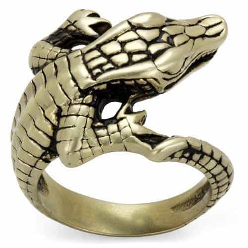 Stainless Steel Antiqued Brass Alligator Crocodile Wrap Ring view 1