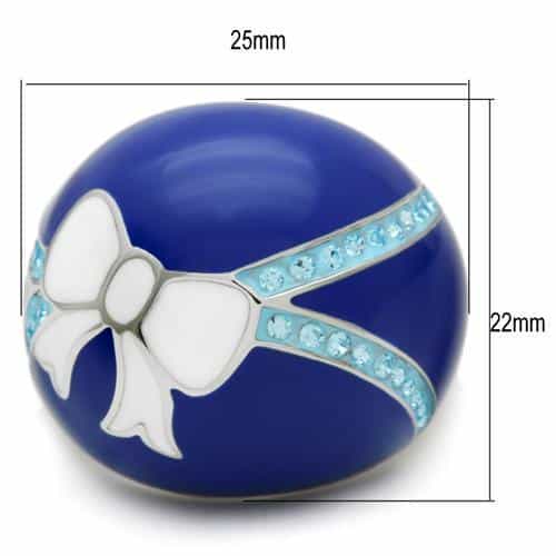 Stainless Steel Blue Enamel White Bow CZ Accent Dome Ring view 6