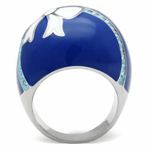 Stainless Steel Blue Enamel White Bow CZ Accent Dome Ring view 7
