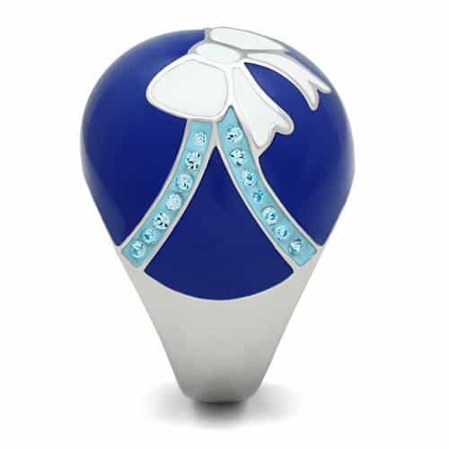 Stainless Steel Blue Enamel White Bow CZ Accent Dome Ring view 8