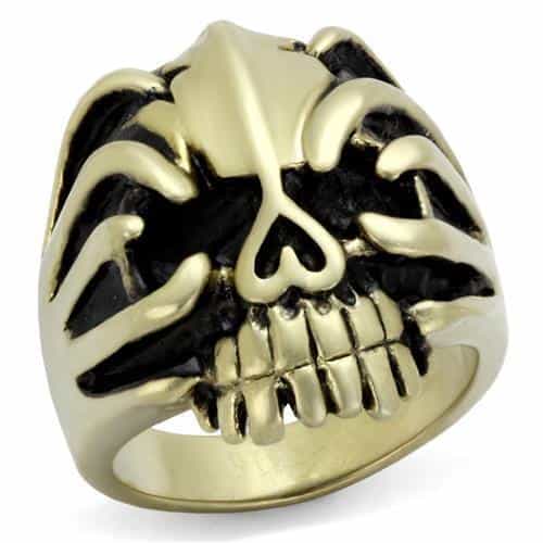 Stainless Steel Antiqued Brass Skull Flame Grinning Ring view 1