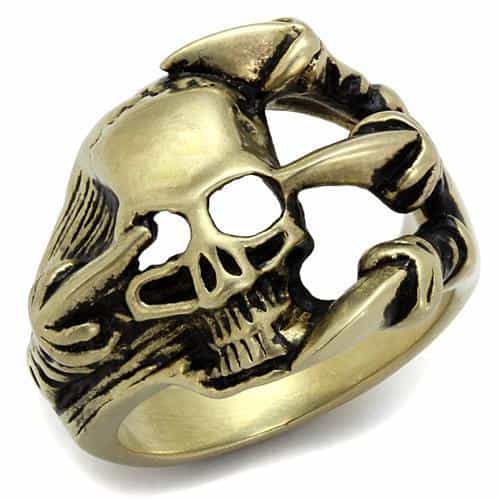 Stainless Steel Antiqued Brass Skull Axe Weapon Ring view 7