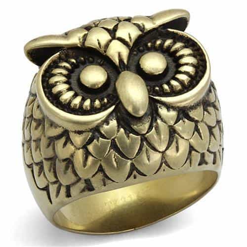 Stainless Steel Antiqued Brass Owl Feathered Dome Ring view 5