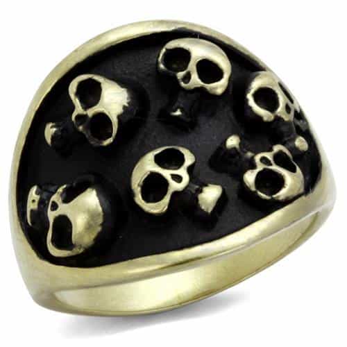 Stainless Steel Antiqued Brass Multi Skull Pile Dome Ring view 1