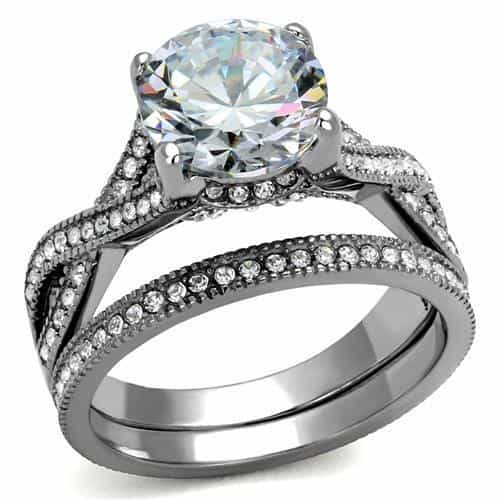 Stainless Steel Dark Gunmetal CZ Round Milgrain Pave Bridal Ring view 1