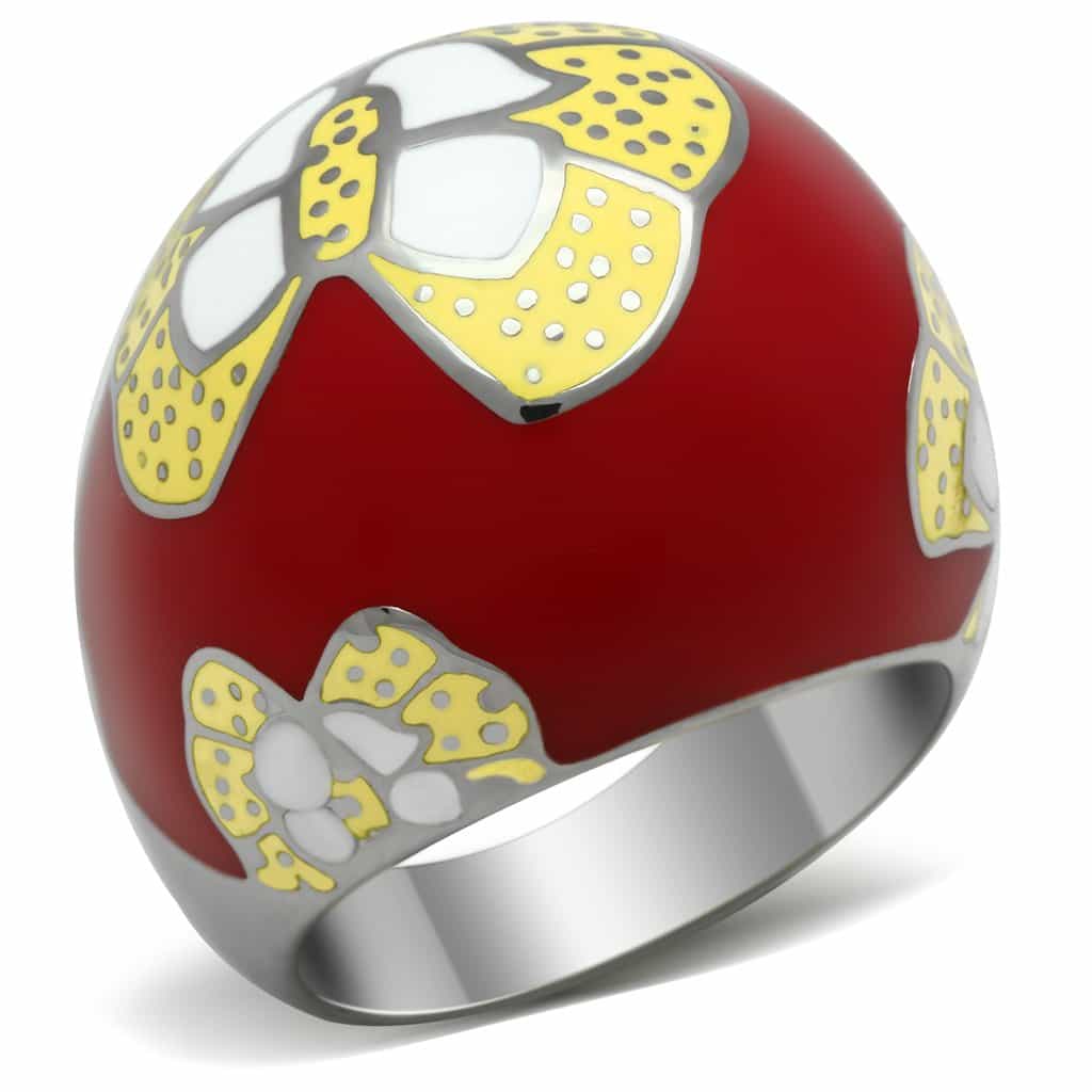 Stainless Steel Red Enamel Yellow Floral Dome Ring view 1