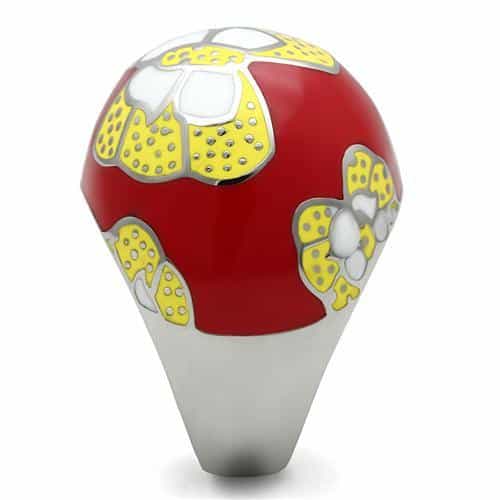 Stainless Steel Red Enamel Yellow Floral Dome Ring view 7