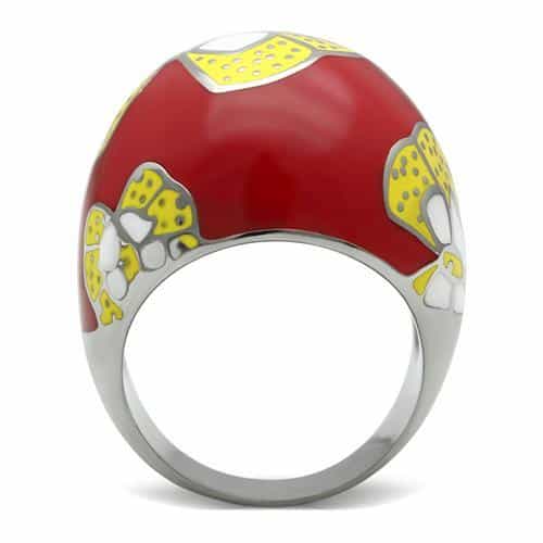 Stainless Steel Red Enamel Yellow Floral Dome Ring view 8