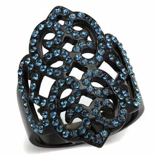 Stainless Steel Black IP Aqua Blue Crystal Filigree Wide Ring view 1