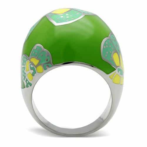 Stainless Steel Green Enamel Floral Butterfly Dome Ring view 7