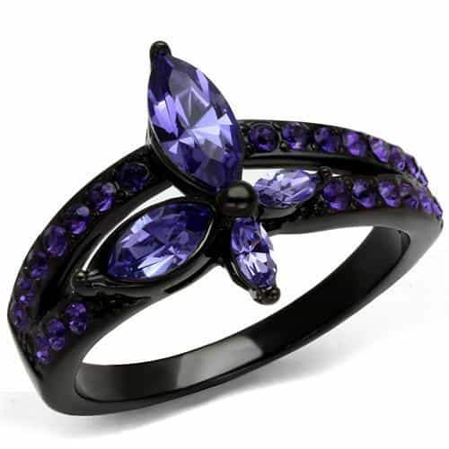 Stainless Steel Black IP Tanzanite Purple CZ Butterfly Ring view 1