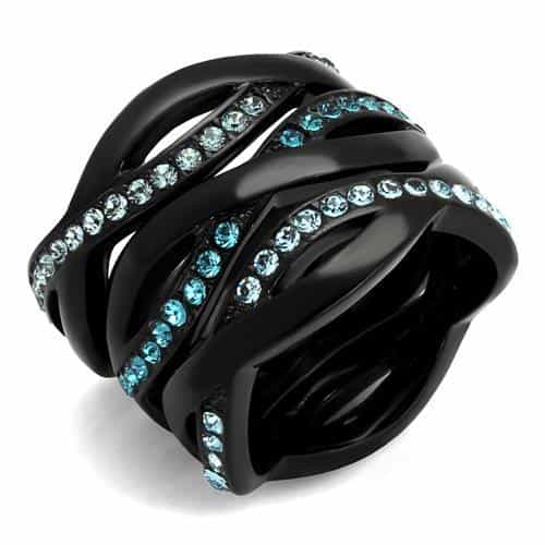 Stainless Steel Black IP Aqua Blue Crystal Diagonal Stripe Ring view 1