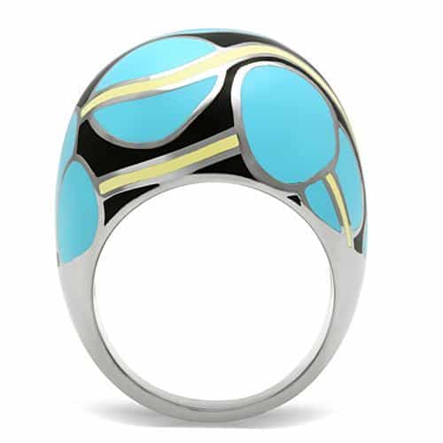 Stainless Steel Turquoise Blue Black Enamel Gold Accent Dome Ring view 3