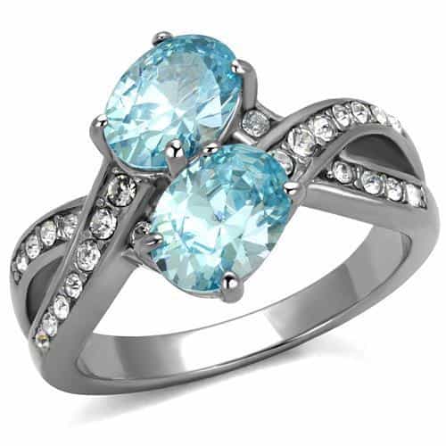 Stainless Steel Aquamarine Blue Oval CZ Halo Split Shank Ring view 5
