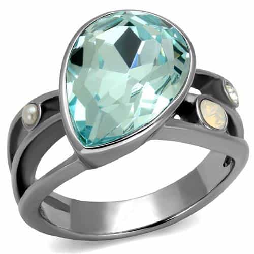 Stainless Steel Aquamarine Blue Pear CZ Side Accent Opal Ring view 5