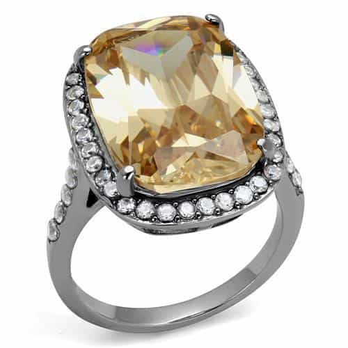 Stainless Steel Champagne Topaz Cushion CZ Halo Cocktail Ring view 1