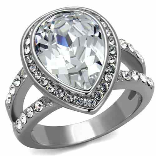 Stainless Steel Clear CZ Oval Halo Pave Split Shank Ring view 1
