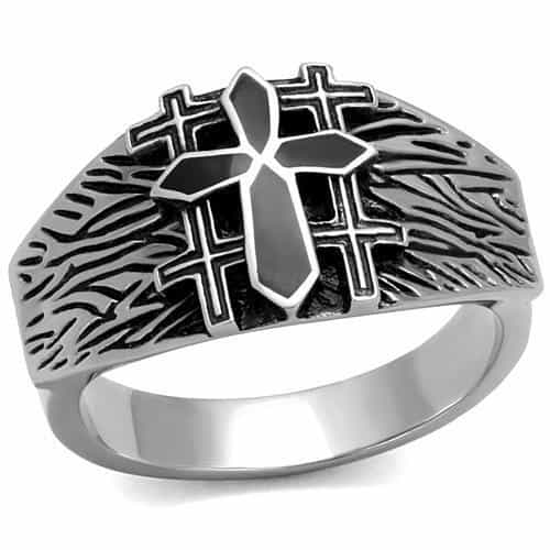 Stainless Steel Antiqued Triple Cross Textured Dome Signet Ring view 1
