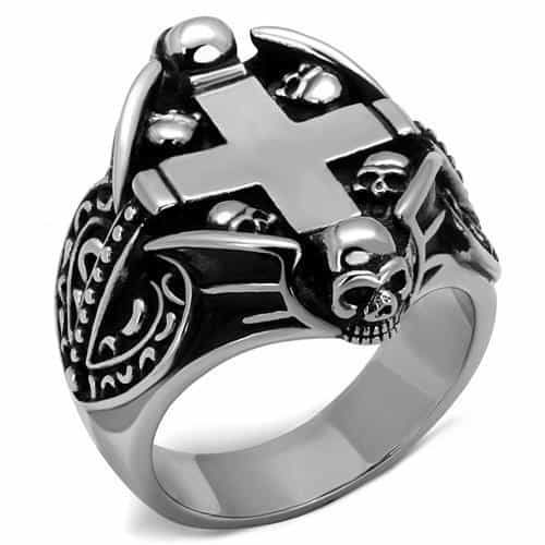 Stainless Steel Skull Cross Shield Gothic Signet Ring view 1