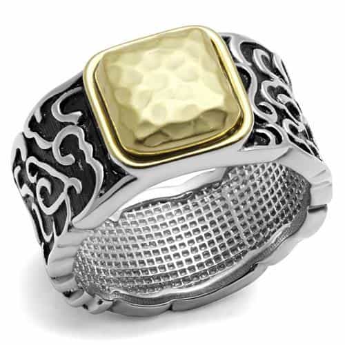 Stainless Steel Two Tone Gold Silver Hammered Square Celtic Ring view 5