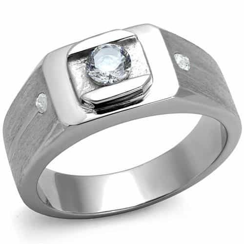 Stainless Steel CZ Square Bezel Side Accent Mens Ring view 5