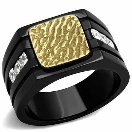 Stainless Steel Two Tone Black IP Gold Hammered Square CZ Ring view 5