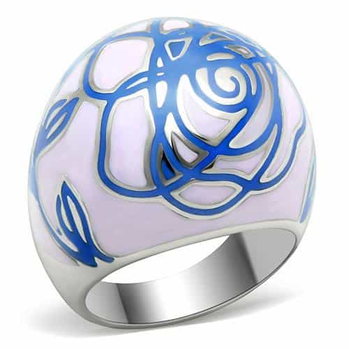 Stainless Steel Pink White Enamel Blue Rose Floral Dome Ring view 1
