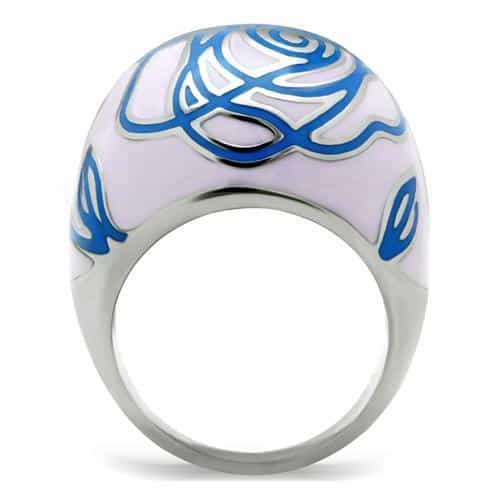 Stainless Steel Pink White Enamel Blue Rose Floral Dome Ring view 7