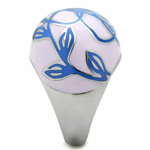 Stainless Steel Pink White Enamel Blue Rose Floral Dome Ring view 8