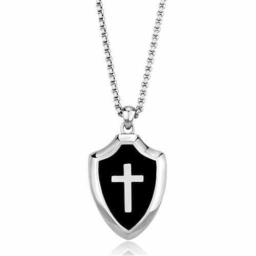 Stainless Steel Cross Black Enamel Shield Pendant view 1