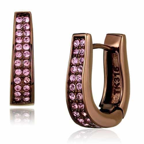 Stainless Steel Coffee Brown IP Pink Crystal Channel Earrings view 1
