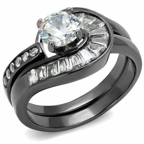 Stainless Steel Dark Gunmetal CZ Round Baguette Channel Ring view 1
